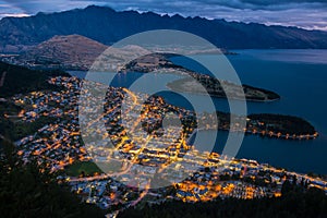 Cityscape of Queenstown and Lake Wakaitipu with The Remarkables in the background, New Zealan