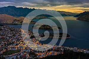 Cityscape of Queenstown and Lake Wakaitipu with The Remarkables in the background, New Zealan