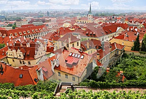 Cityscape with red roofs in Mala Strana in Prague, Czech Republic