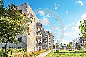 Cityscape of a residential area with modern apartment buildings, new green sustainable urban landscape in the city