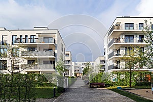 Cityscape of a residential area with modern apartment buildings, new green urban landscape in the city