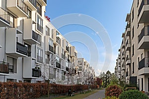 Cityscape of a residential area with modern apartment buildings, new green urban landscape in the city