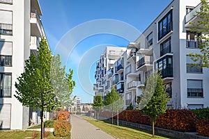 Cityscape of a residential area with modern apartment buildings, new green urban landscape in the city