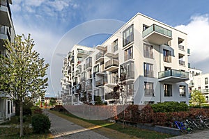 Cityscape of a residential area with modern apartment buildings, new green urban landscape in the city