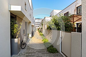 Cityscape of a residential area with modern apartment buildings, new green urban landscape in the city