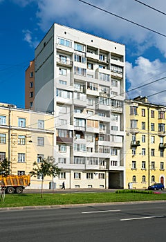 Cityscape with residential buildings in Saint-Petersburg, Russia, Soviet modernism style