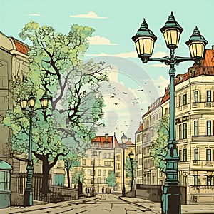 or cityscape in retro style on the theme of spring.AI