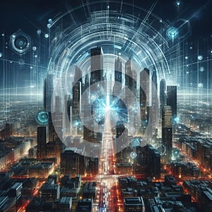 A cityscape that reverberates with dynamic holographic echoes photo