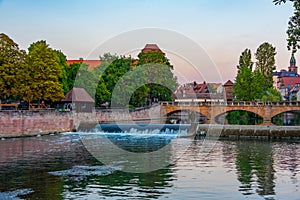 Cityscape of river Pegnitz in German town Nurnberg