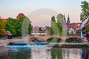 Cityscape of river Pegnitz in German town Nurnberg