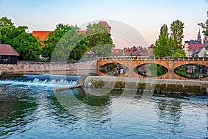 Cityscape of river Pegnitz in German town Nurnberg