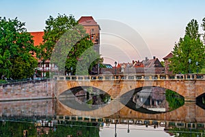 Cityscape of river Pegnitz in German town Nurnberg