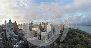 Cityscape with Riverside Park at summer evening. photo