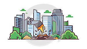 Cityscape with rocket launch, symbolizing innovation, progress, and space industry, vector design Generative AI