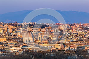 Cityscape of Rome, Italy, at sunset in autumn, a view from the Gianicolo Janiculum hill