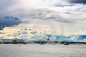 Cityscape of Saint Petersburg Leningrad city with Trinity bridge bascule bridge across Neva river