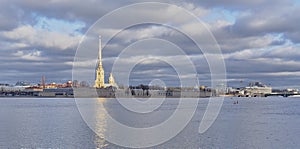 Cityscape of Saint Petersburg, Russia. View of Peter and Paul Cathedral and fortress, Neva River.