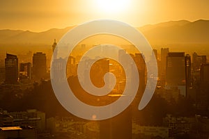 Cityscape of Santiago de Chile downtown at sunset