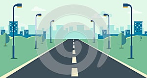 Cityscape scene with road , trees and sky background vector illustration.Main street to town concept.Urban scene