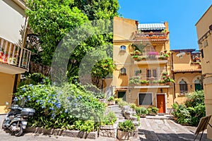 Cityscape with scenic houses in old town Taormina. Sicily