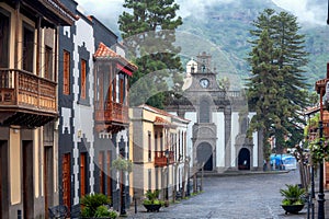 Cityscape with scenic street and basilica de Nuestra Senora del Pino in Teror. Gran Canaria, Spain