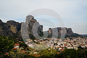 Cityscape scenic view of Kalambaka ancient town with beautiful rock formation mountain, immense natural boulders pillars and sky