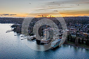 Cityscape of Seattle surrounded by the sea in the evening