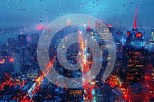 A cityscape seen through a rain-soaked window