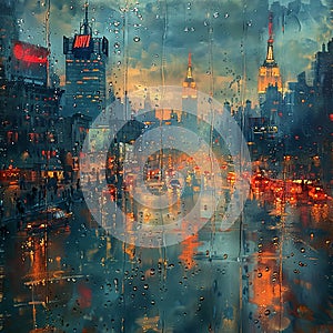 A cityscape seen through a rain-soaked window