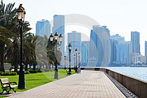 Cityscape of Sharjah from Al Buhaira corniche, UAE