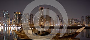 Cityscape of Sharjah. Night view at Khalid lagoon.