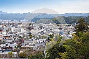 Cityscape of Shugakuin area in north Kyoto city seen from hilltop of Enkoji Temple, during autumn in Japan