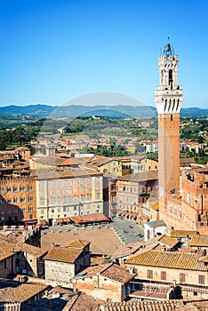 Cityscape of Siena, aerial view with the Torre del Mangia, Tuscany Italy