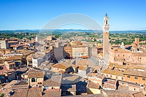 Cityscape of Siena, aerial view with the Torre del Mangia, Tuscany Italy