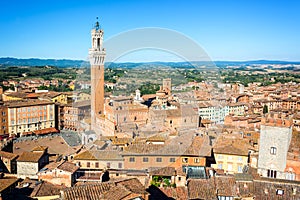 Cityscape of Siena, aerial view with the Torre del Mangia, Tuscany Italy