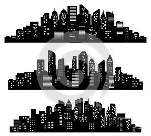 Cityscape silhouette. City buildings, night town and horizontal urban panorama silhouettes vector set