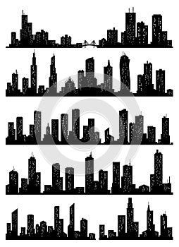 Cityscape silhouette collection. City buildings, night town and horizontal urban panorama silhouettes set. Skyline with