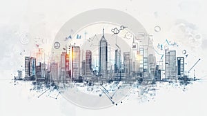 Skyscraper Cityscape Sketch with Digital Network Data Graphics