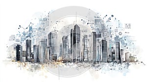 Abstract Cityscape Sketch with Data Visualization and Graphs