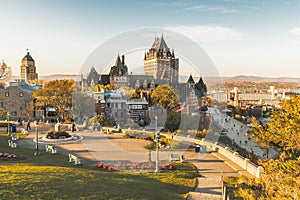 Cityscape or skyline of Chateau Frontenac, Dufferin Terrace and Saint Lawrence river at overlook in old town photo