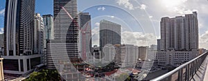 Cityscape skyline with construction in Brickell neighborhood of Miami, Florida showing Hotels and apartments