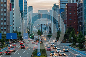 Cityscape and skyscraper at dusk in sakae,nagoya, japan.