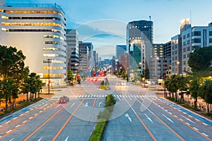 Cityscape and skyscraper at dusk in sakae,nagoya, japan.