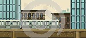 Cityscape with skyscrapers, apartment buildings, metal bridge with a moving subway train. Office buildings, city architecture, old