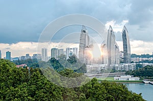 cityscape skyscrapers skyline at sunset. Urban landscape of Singapore at Sunset. view from Sentosa Island to high-rise residential