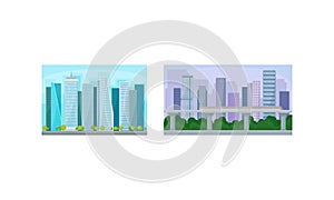 Cityscape with Skyscrapers and Urban Building as Horizontal Town Landscape Vector Set