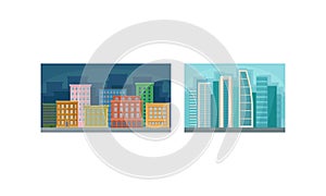 Cityscape with Skyscrapers and Urban Building as Horizontal Town Landscape Vector Set