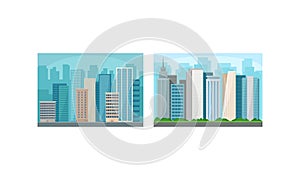 Cityscape with Skyscrapers and Urban Building as Horizontal Town Landscape Vector Set