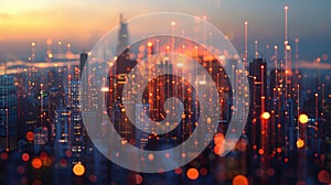 A cityscape with skysers made of shining strings as if humanity has learned to harness the power of string theory