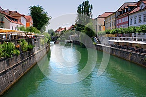 Cityscape of the Slovenian capital Ljubljana from bridge over Ljubljanica river.